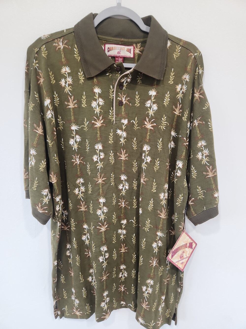 Caribbean Joe Men's Hawaiian Shirt L Green Leaf Pullover Short Sleeve Tropical